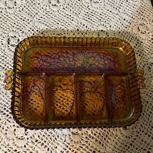 Indiana Glass Iridescent Gold Amber Carnival Fruit Garland Divided Tray Platter